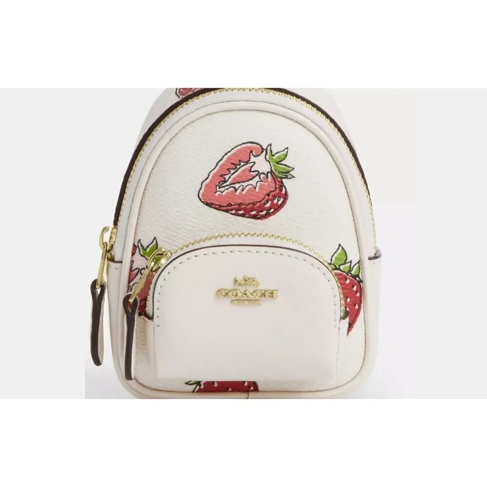 NWT Coach CAO93 Mini Court Backpack Bag Charm with Strawberry Print